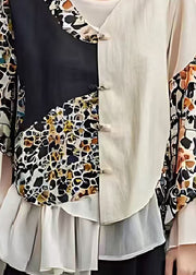 Chic Beige Asymmetrical Patchwork Cotton Oriental Blouses Spring