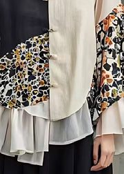 Chic Beige Asymmetrical Patchwork Cotton Oriental Blouses Spring