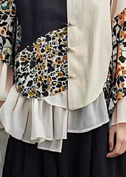 Chic Beige Asymmetrical Patchwork Cotton Oriental Blouses Spring