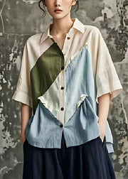 Chic Beige Asymmetrical Patchwork Wrinkled Linen Shirts Summer