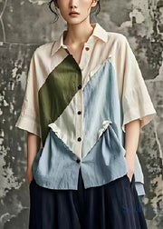 Chic Beige Asymmetrical Patchwork Wrinkled Linen Shirts Summer