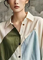 Chic Beige Asymmetrical Patchwork Wrinkled Linen Shirts Summer
