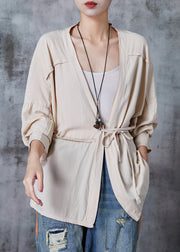 Chic Beige Asymmetrical Tie Waist Cotton Blouse Tops Spring