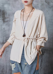 Chic Beige Asymmetrical Tie Waist Cotton Blouse Tops Spring