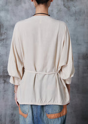 Chic Beige Asymmetrical Tie Waist Cotton Blouse Tops Spring