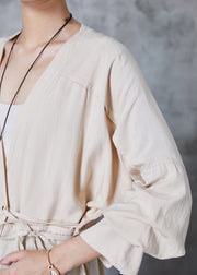 Chic Beige Asymmetrical Tie Waist Cotton Blouse Tops Spring