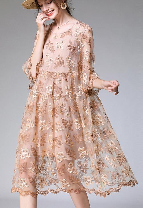 Chic Beige Embroidery O-Neck Summer Holiday Dress