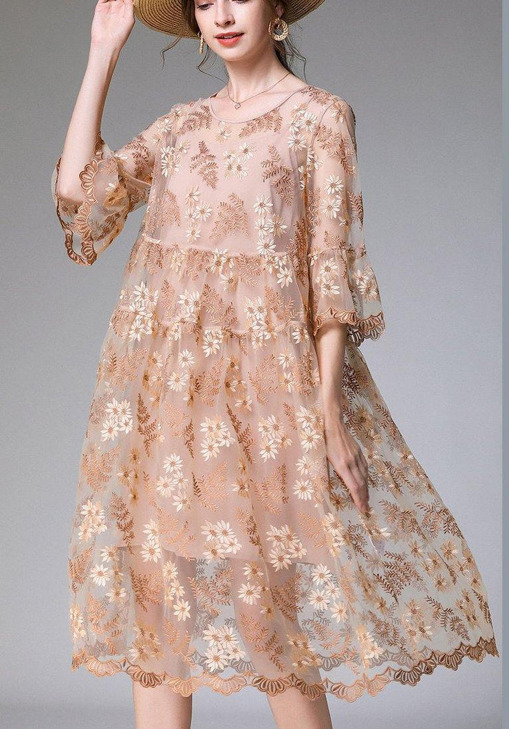 Chic Beige Embroidery O-Neck Summer Holiday Dress