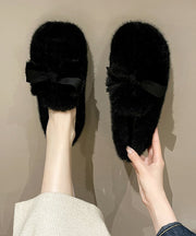 Chic Beige Fuzzy Fur Bow Splicing Penny Loafers