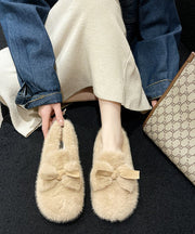 Chic Beige Fuzzy Fur Bow Splicing Penny Loafers