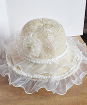 Chic Beige Lace Patchwork Pearl Floral Tulle Floppy Sun Hat