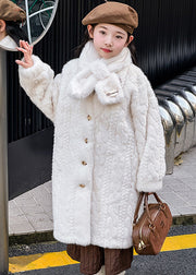 Chic Beige Neck Pockets Warm Girls Mink Velvet Long Coat Winter