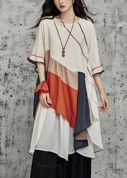 Chic Beige O Neck Asymmetrical Patchwork Cotton Dress Summer