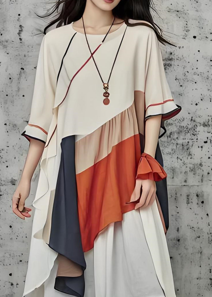 Chic Beige O Neck Asymmetrical Patchwork Cotton Dress Summer