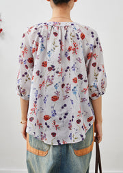 Chic Beige O-Neck Print Linen Shirt Half Sleeve