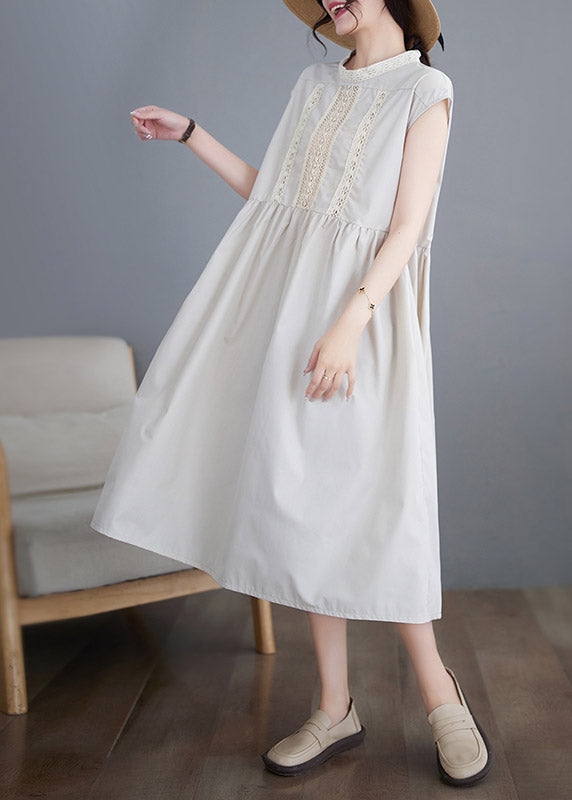 Chic Beige O-Neck Solid Cotton Long Dresses Short Sleeve