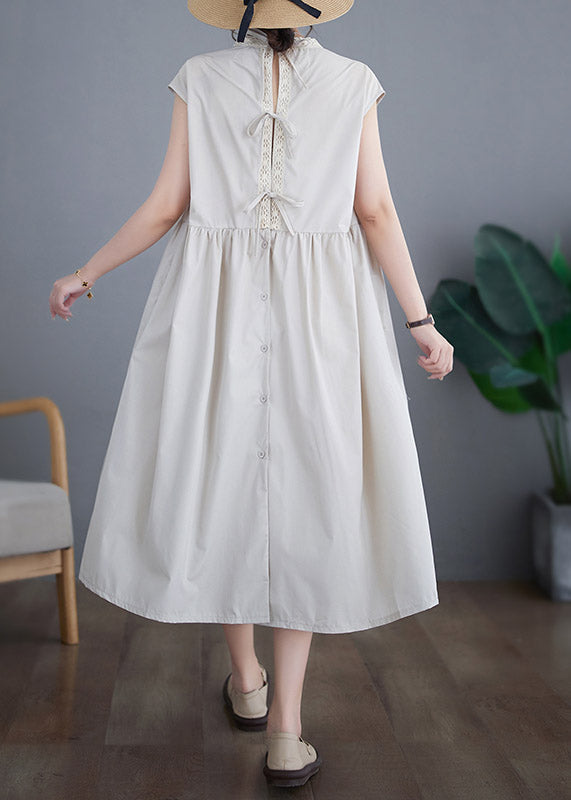 Chic Beige O-Neck Solid Cotton Long Dresses Short Sleeve