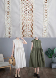 Chic Beige O-Neck Solid Cotton Long Dresses Short Sleeve