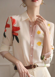 Chic Beige Peter Pan Collar Print Button Chiffon Shirt Spring