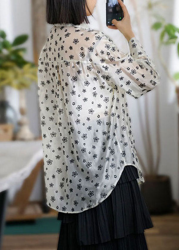 Chic Beige Peter Pan Collar Print Patchwork Chiffon Blouses Long Sleeve