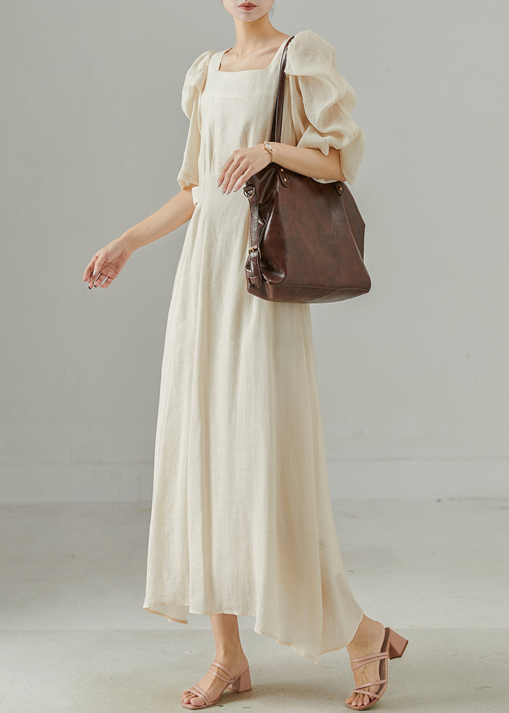 Chic Beige Square Collar Cotton Cinched Dress Puff Sleeve