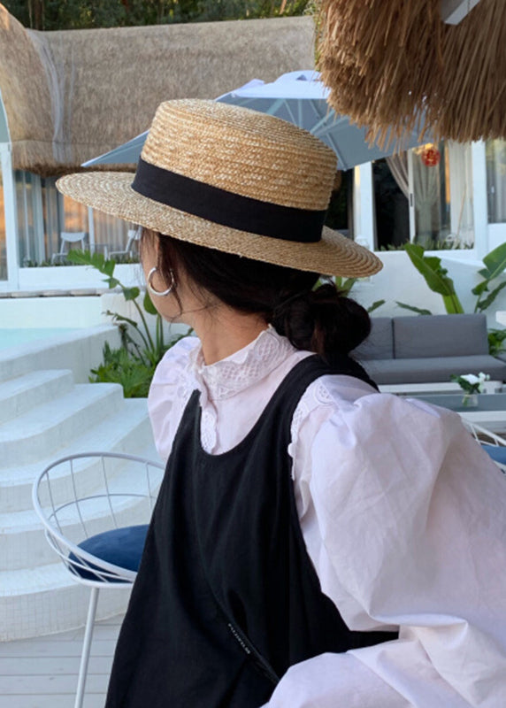 Chic Beige Straw Woven Patchwork Floppy Sun Hat