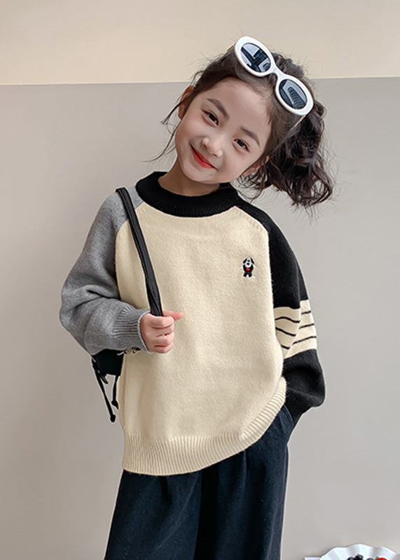 Chic Beige Striped Patchwork Cotton Knit Kids Sweaters Spring