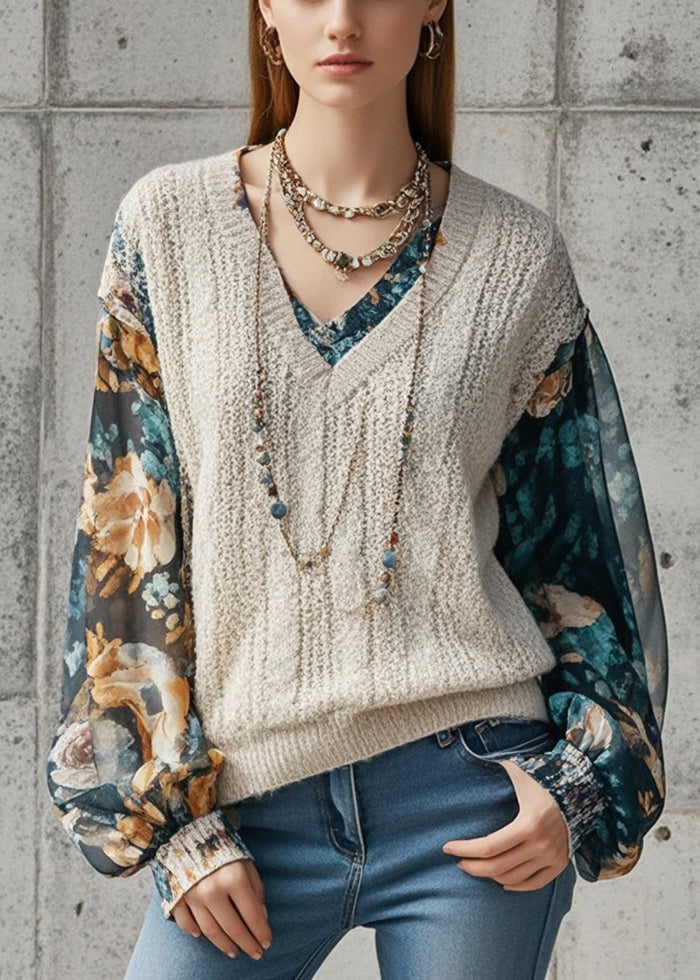 Chic Beige V Neck Patchwork Print Fake Two Piece Knit Shirts Fall