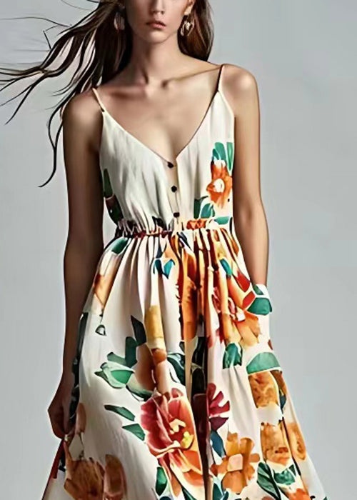 Chic Beige V Neck Print Pockets Cotton Spaghetti Strap Dress Sleeveless