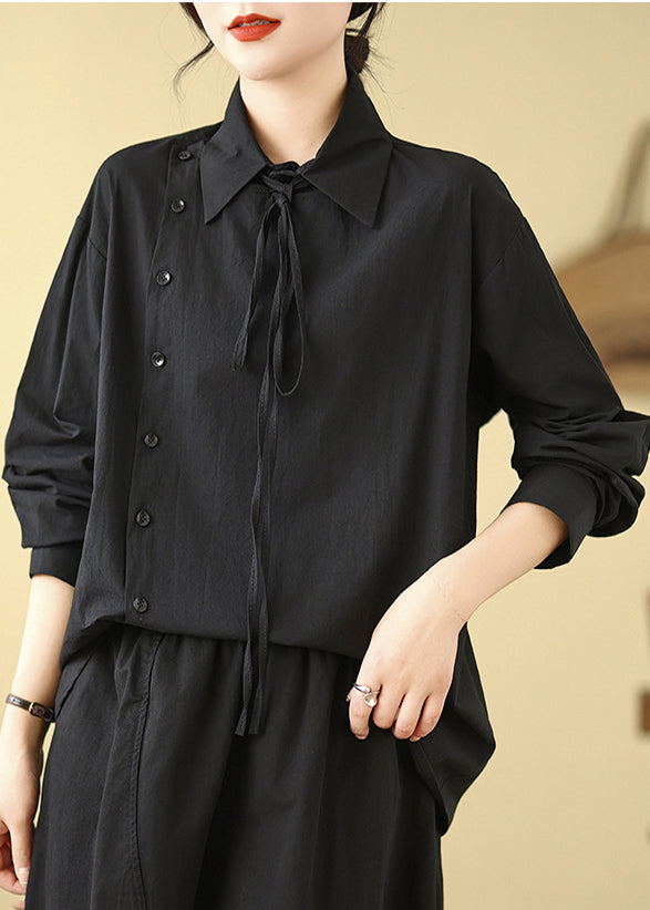 Chic Black Asymmetrical Cotton Shirt Spring