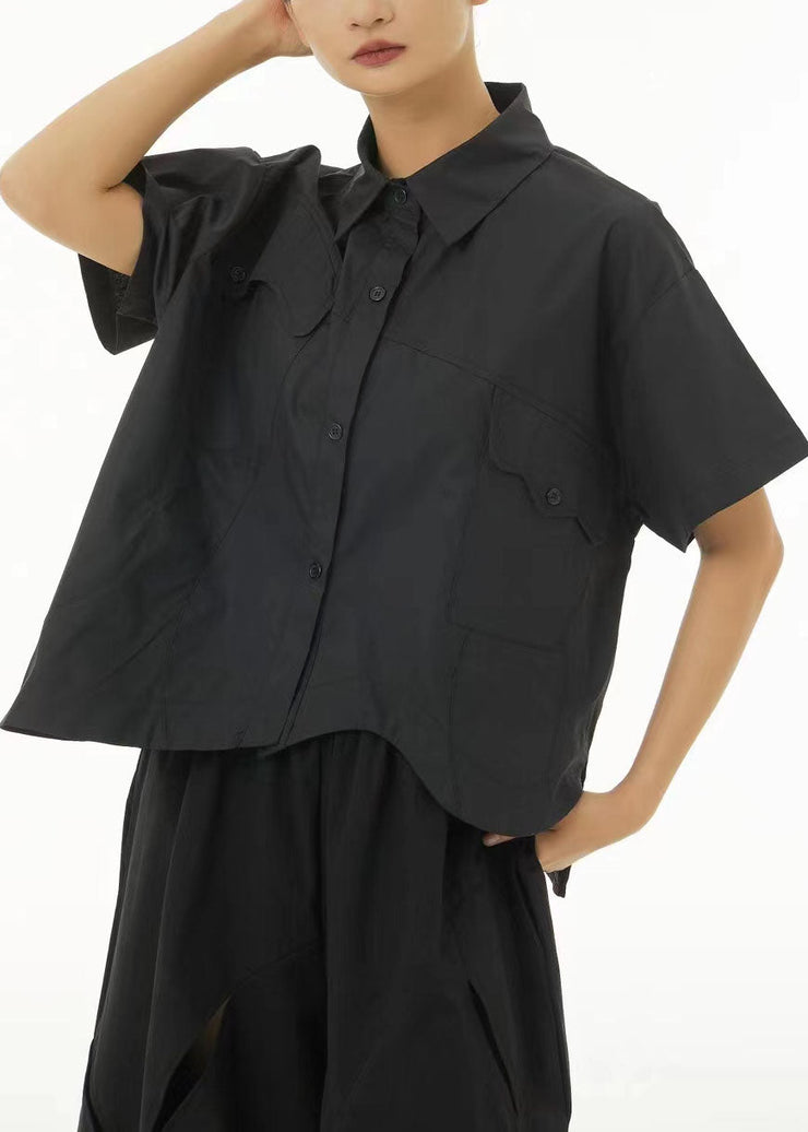 Chic Black Asymmetrical Design Oversized Cotton Shirt Tops Summer