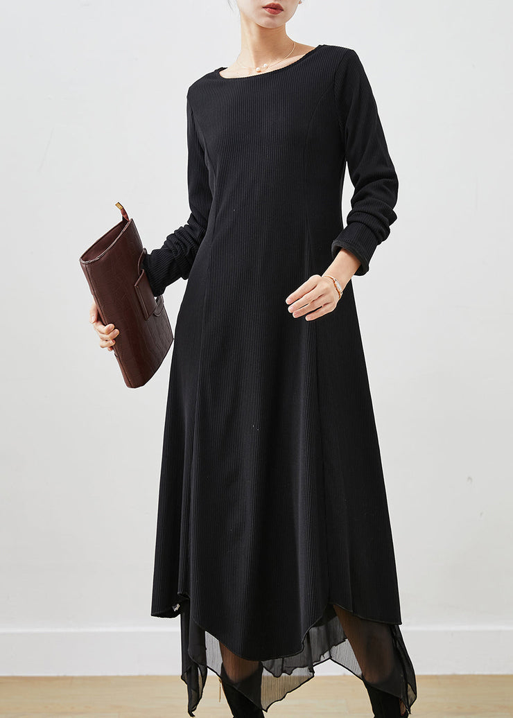 Chic Black Asymmetrical Exra Large Hem Cotton Long Dress Spring