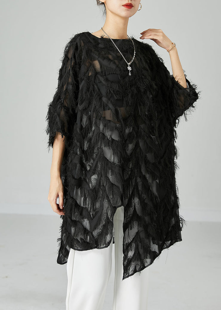 Chic Black Asymmetrical Oversized Fluffy Tulle Long Tops Bracelet Sleeve