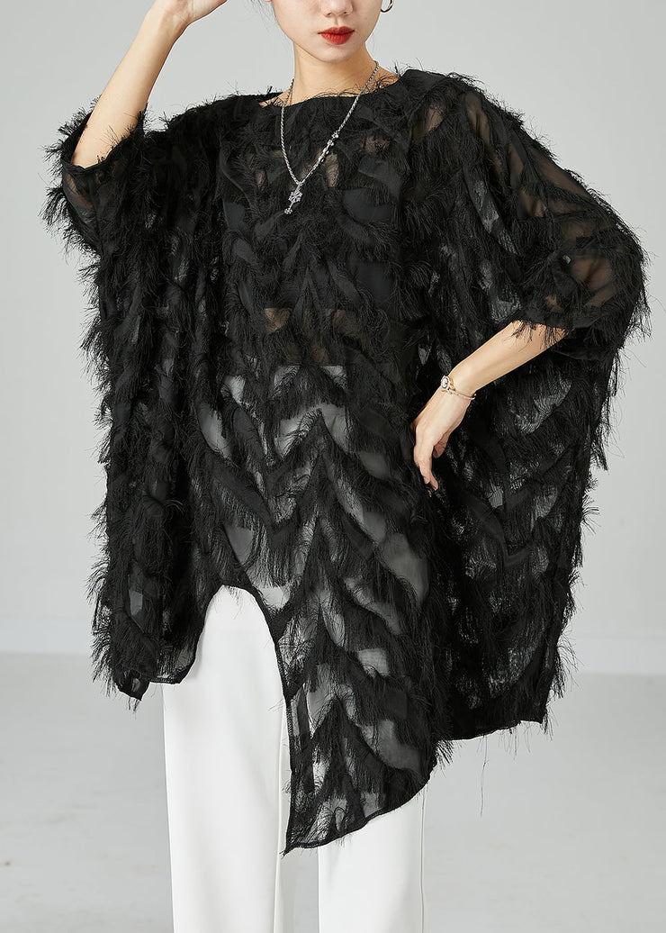 Chic Black Asymmetrical Oversized Fluffy Tulle Long Tops Bracelet Sleeve