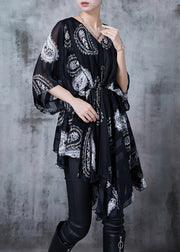 Chic Black Asymmetrical Print Chiffon Shirt Summer