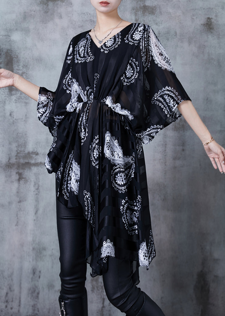 Chic Black Asymmetrical Print Chiffon Shirt Summer