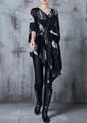 Chic Black Asymmetrical Print Chiffon Shirt Summer