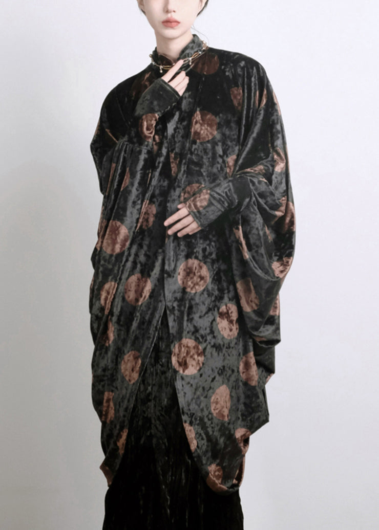 Chic Black Asymmetrical Print Silk Velour Shirts Batwing Sleeve