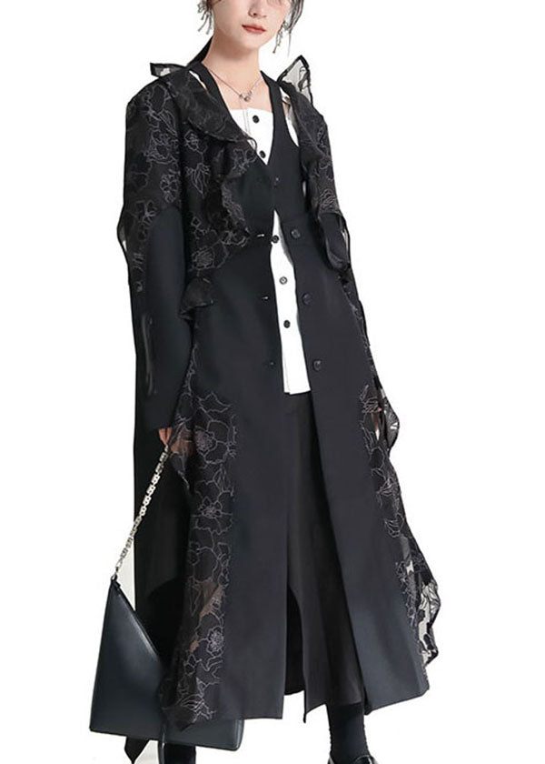 Chic Black Asymmetrical Ruffled Patchwork Tulle Trench Coats Fall