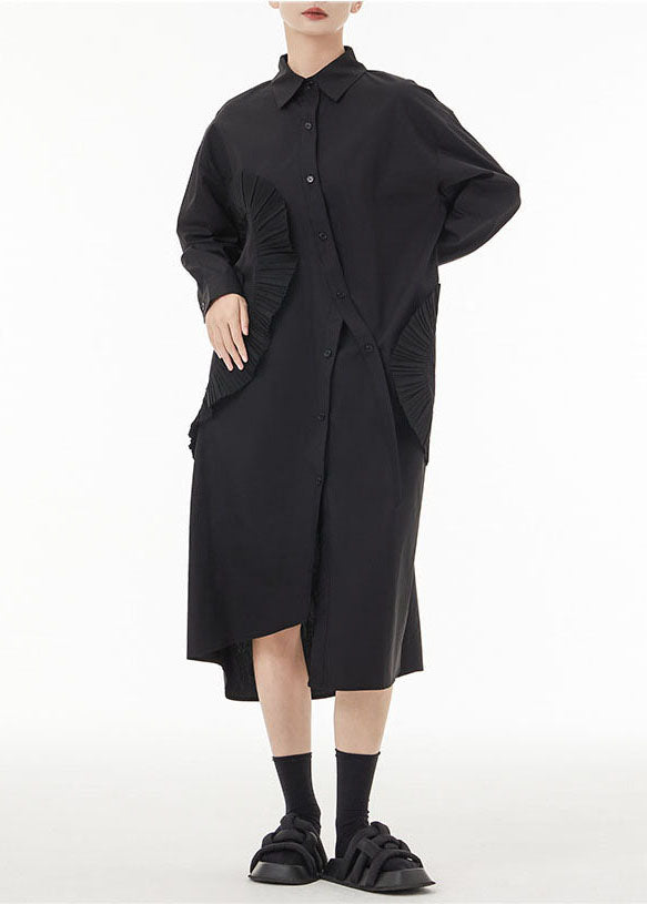 Chic Black Asymmetrical Wrinkled Cotton Robe Dresses Spring