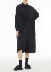 Chic Black Asymmetrical Wrinkled Cotton Robe Dresses Spring