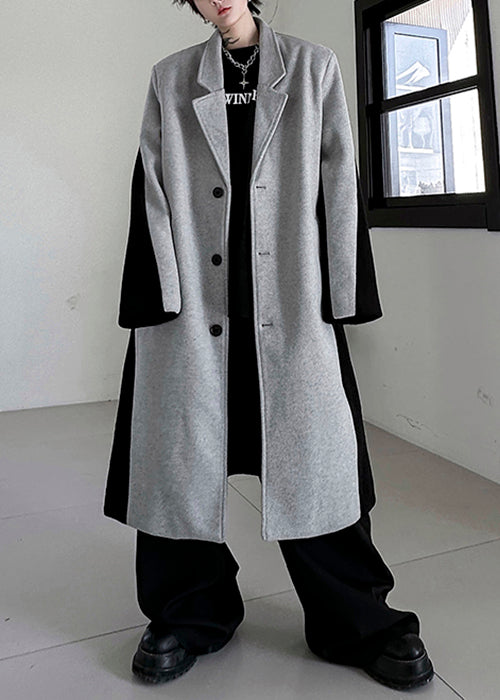 Chic Black Button Pockets Patchwork Woolen Mens Trench Coats Winter