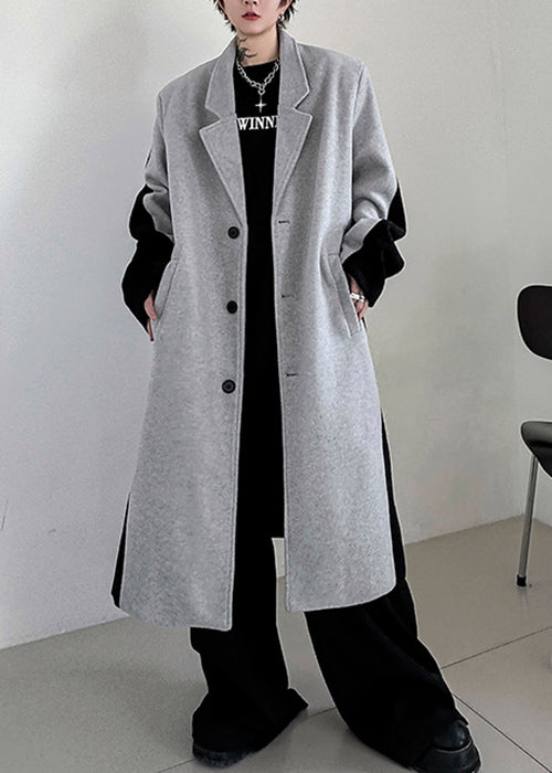 Chic Black Button Pockets Patchwork Woolen Mens Trench Coats Winter