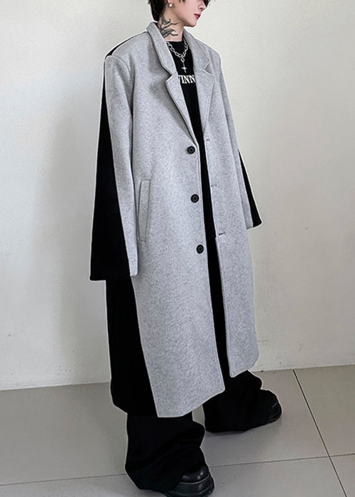 Chic Black Button Pockets Patchwork Woolen Mens Trench Coats Winter