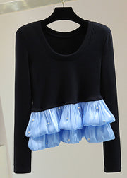 Chic Black Chiffon Patchwork Nail Bead Cotton Knit Top Winter