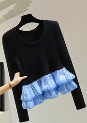 Chic Black Chiffon Patchwork Nail Bead Cotton Knit Top Winter