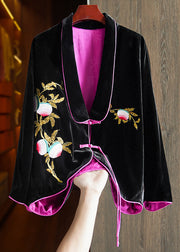 Chic Black Chinese Button Embroidered Silk Velour Coats Long Sleeve