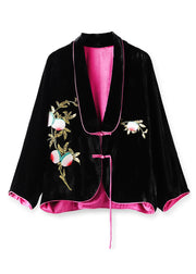 Chic Black Chinese Button Embroidered Silk Velour Coats Long Sleeve