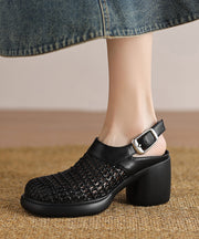 Chic Black Chunky Heel Faux Leather Sandals Hollow Out