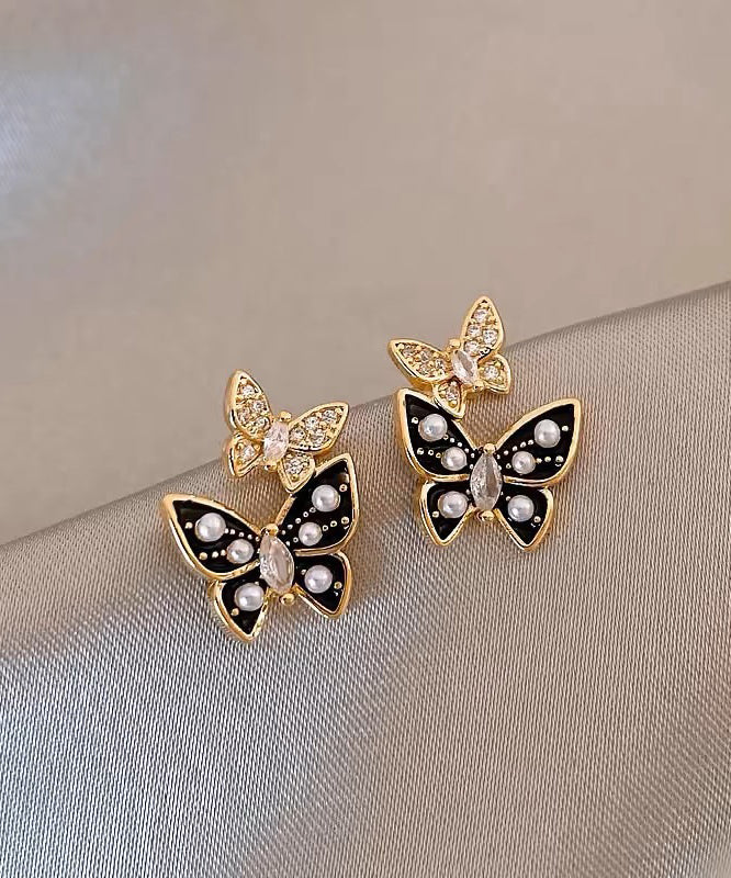 Chic Black Copper Alloy Zircon Drip Glaze Pearl Glass Stud Earrings